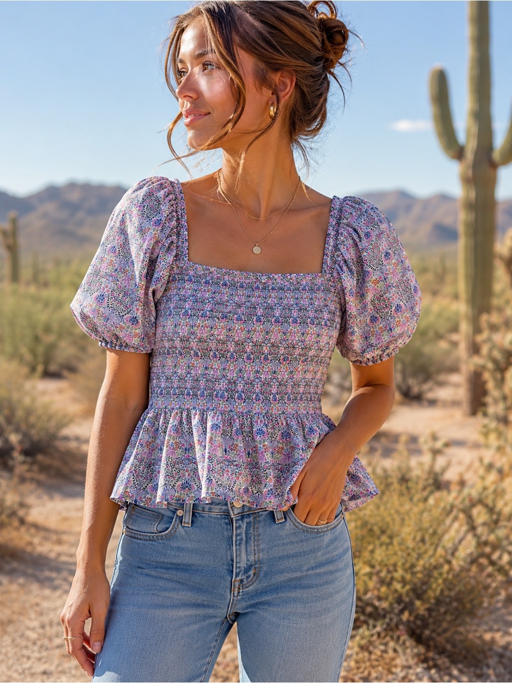J. Crew Lavender Liberty Floral Smocked Peplum Blouse
